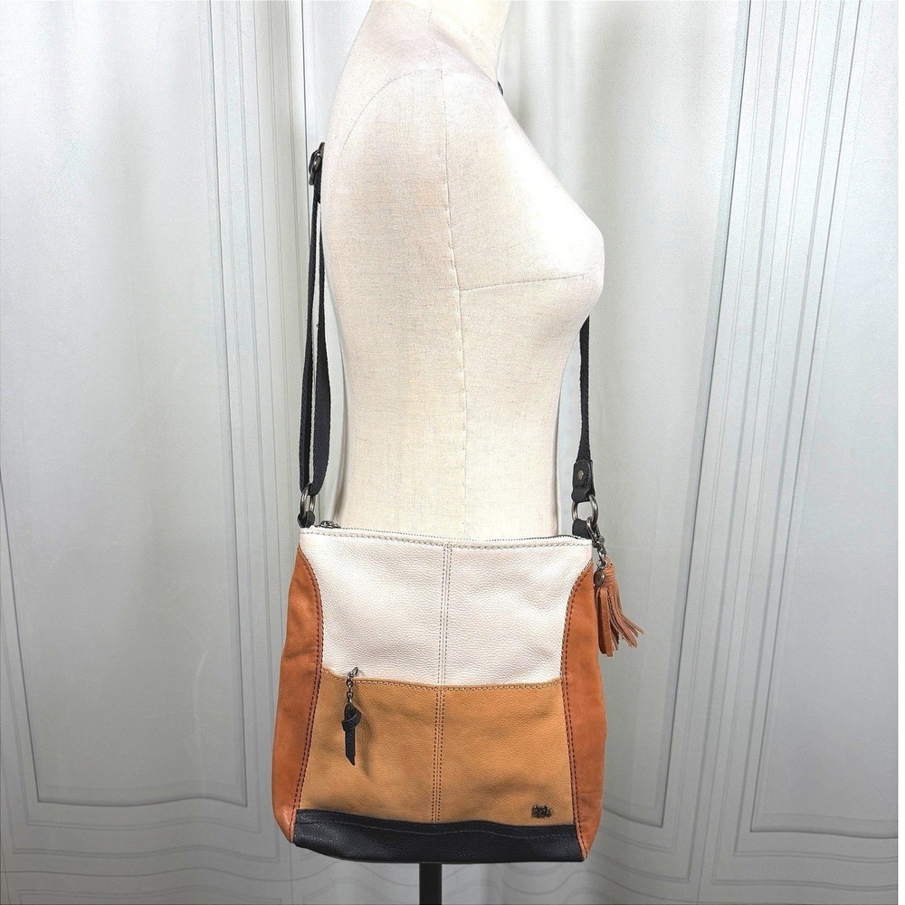 The Sak Colorblock Leather Crossbody Bag Cream Tan Black Tassel Handbag